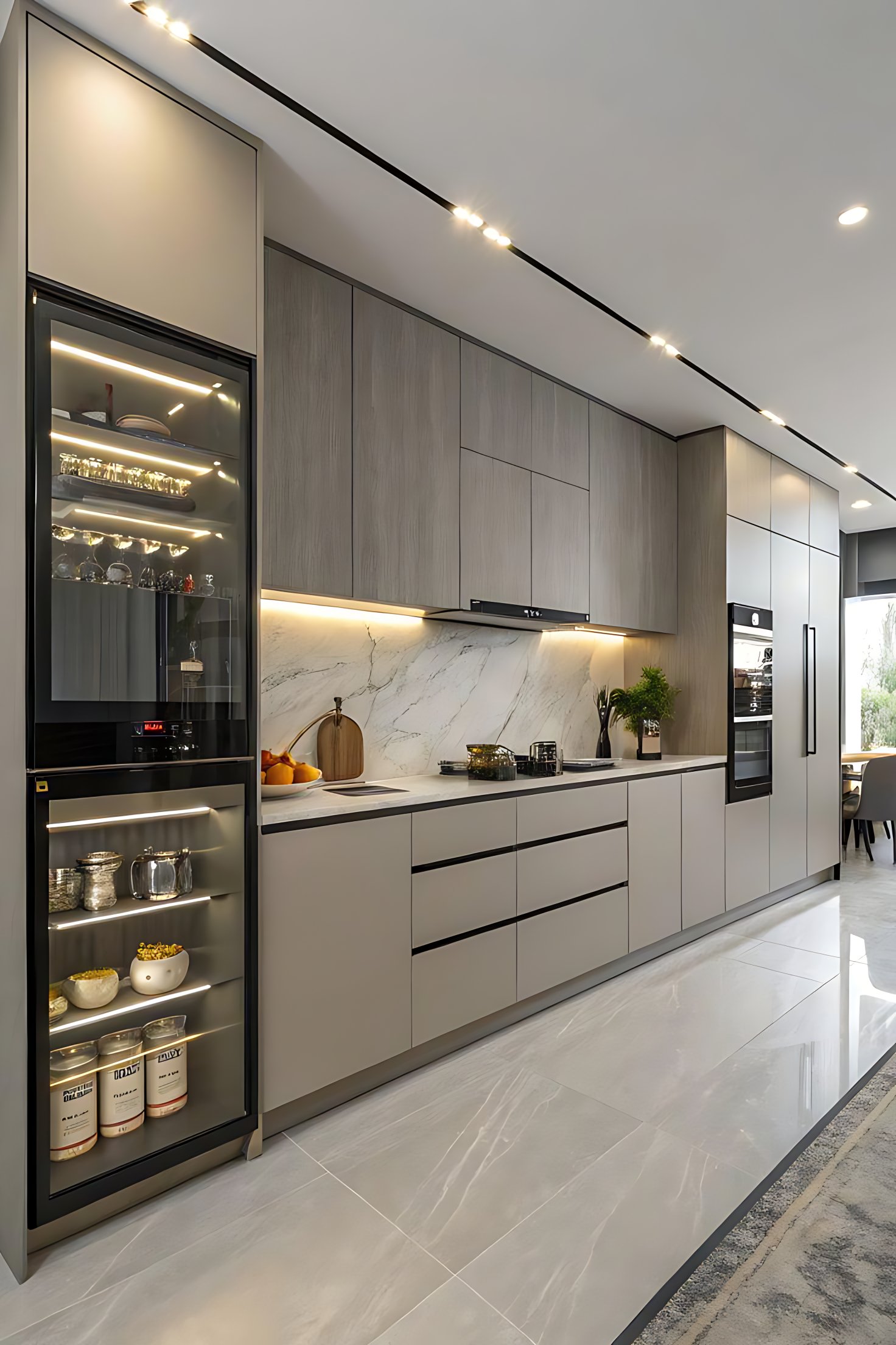 Cozinha planejada contemporânea com armários embutidos e iluminação linear