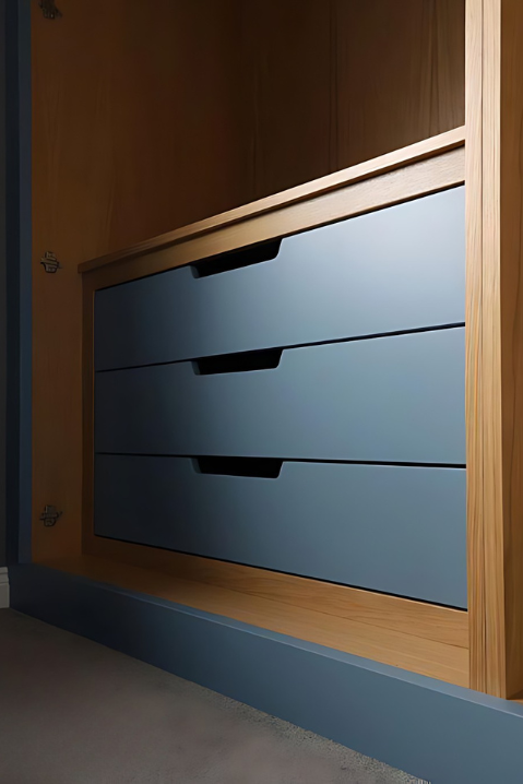 Gavetas planejadas em madeira com acabamento azul e sistema embutido