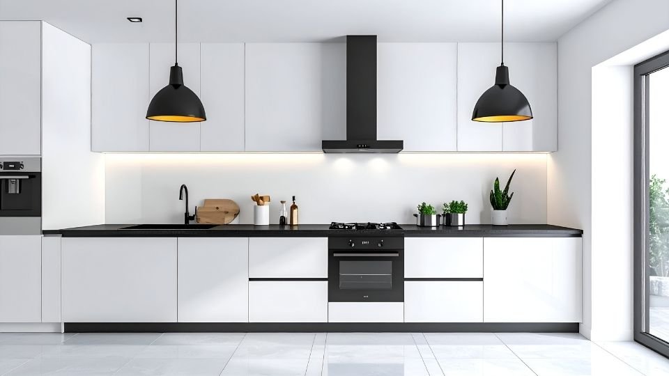 Design especial de cozinha feita à medida com uma bonita iluminação LED, ambiente acolhedor e seguro, da Crossline Furniture