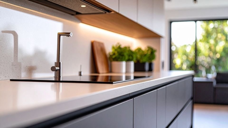 Design especial de cozinha feita à medida com uma bonita iluminação LED, ambiente acolhedor e seguro, da Crossline Furniture